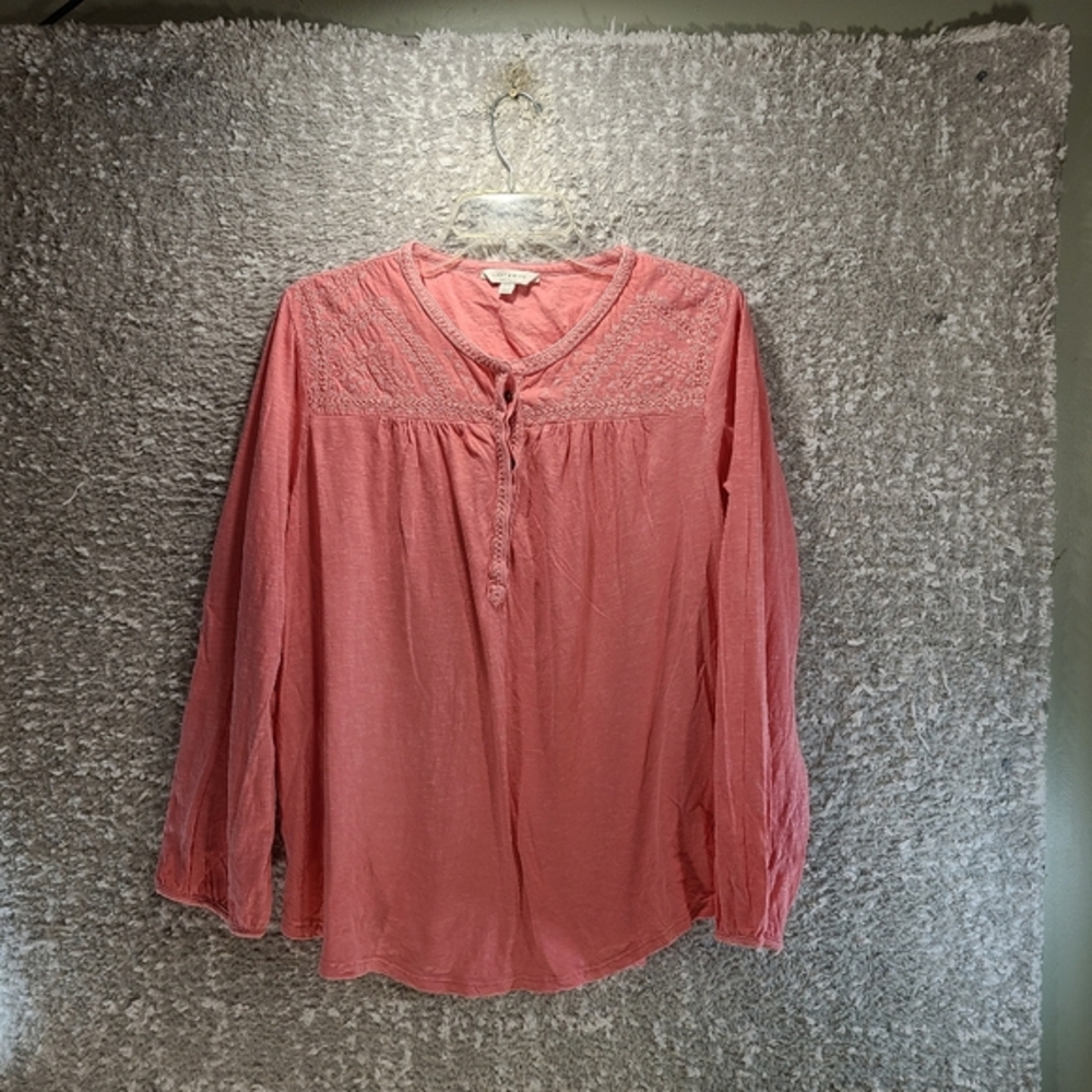 Lucky Brand Women’s Top Blouse Embroidered Boho Long Sleeve Large Pink Cotton